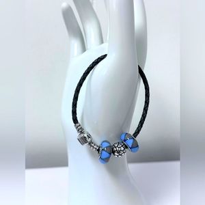Pandora 925 ALE woven leather bracelet with 3 charms. 2 blue gray Murano glass